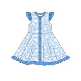 blue flowers easter rabbit girl flying sleeve dress