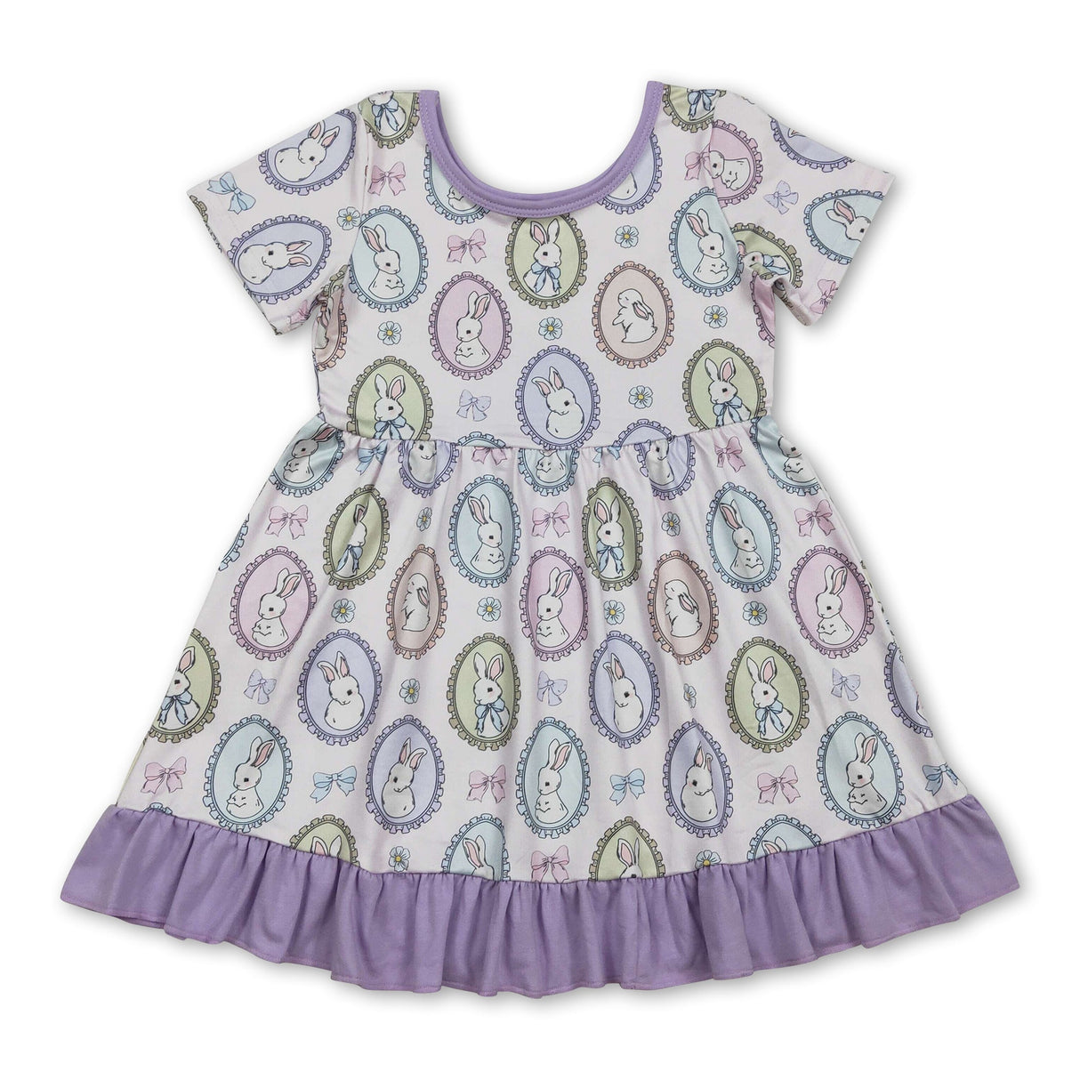 Short sleeves ruffle rabbit bow girl Easter  dress