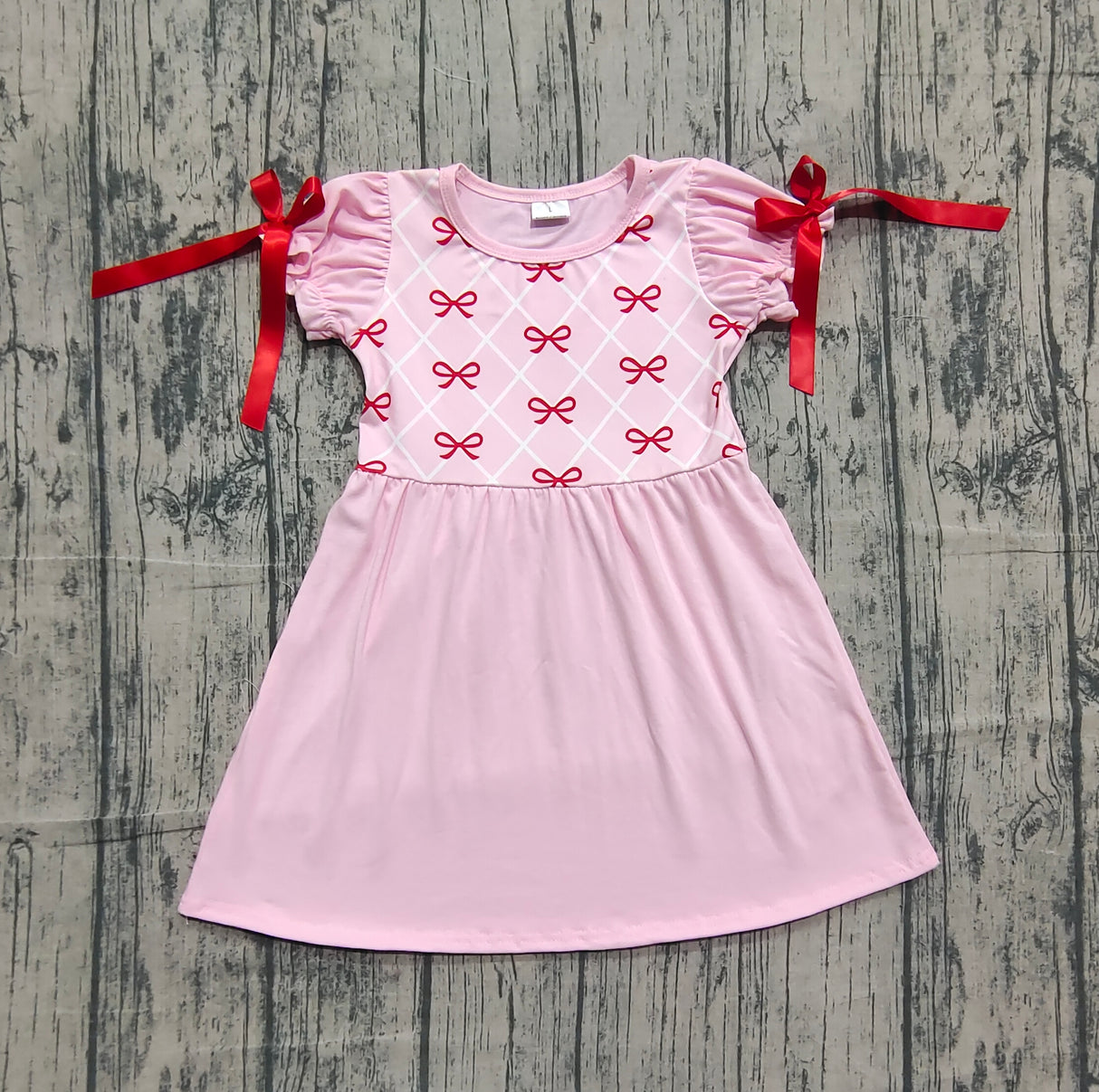 red bows girl ruffle sleeve pink dress