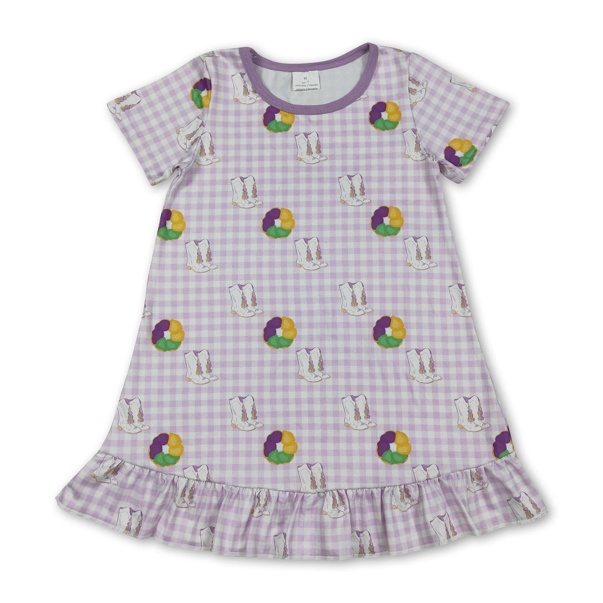 Plaid purple yellow green donut boots girls Mardi Gras dress