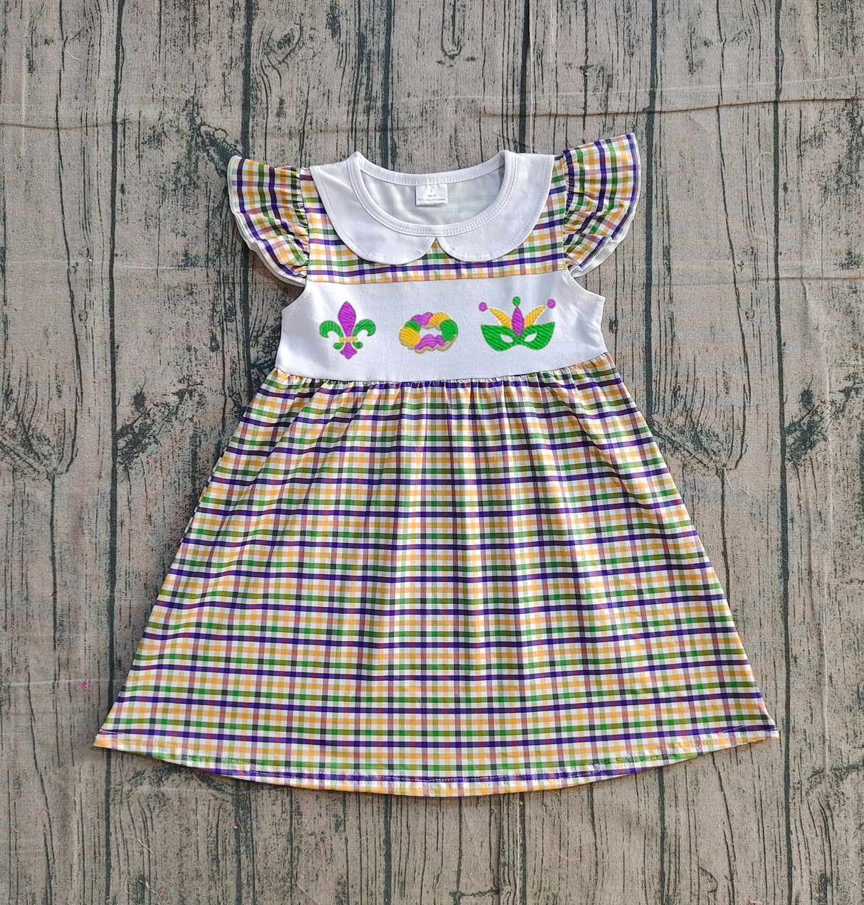Plaid flutter sleeves donut kids girls Mardi Gras dress