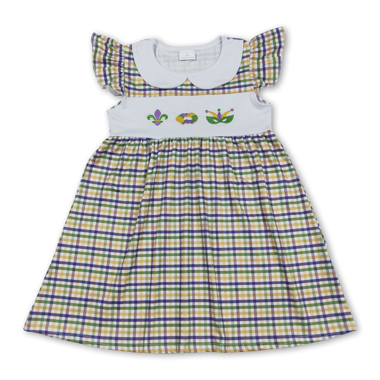 Plaid flutter sleeves donut kids girls Mardi Gras dress