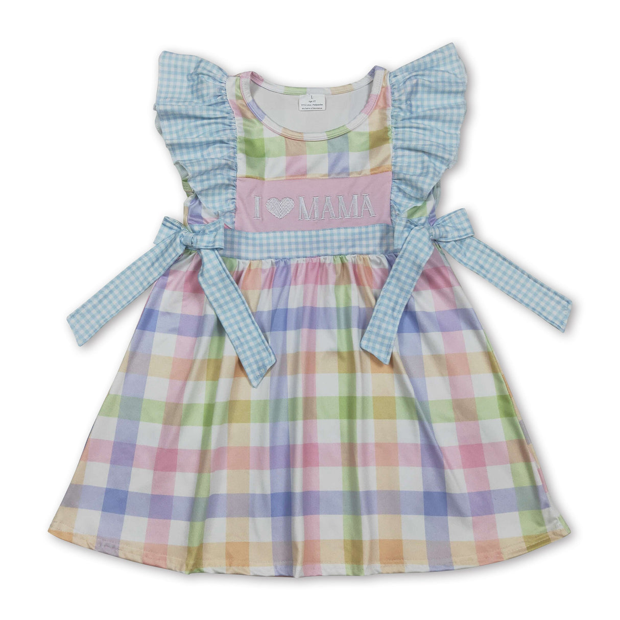 I love mama embroidery colorful plaid kids girls dresses