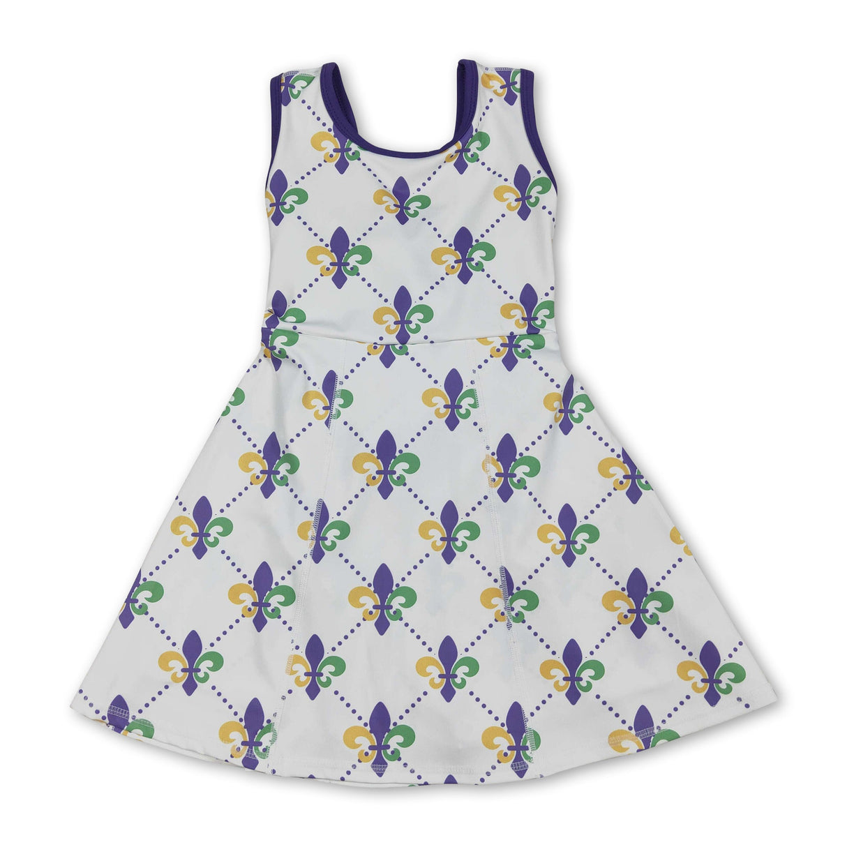 Purple green yellow sleeveless girls Mardi Gras athletic dress
