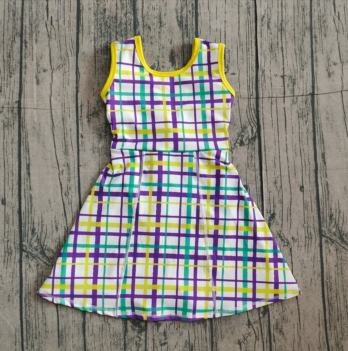 Yellow green purple plaid girls Mardi Gras athletic dress