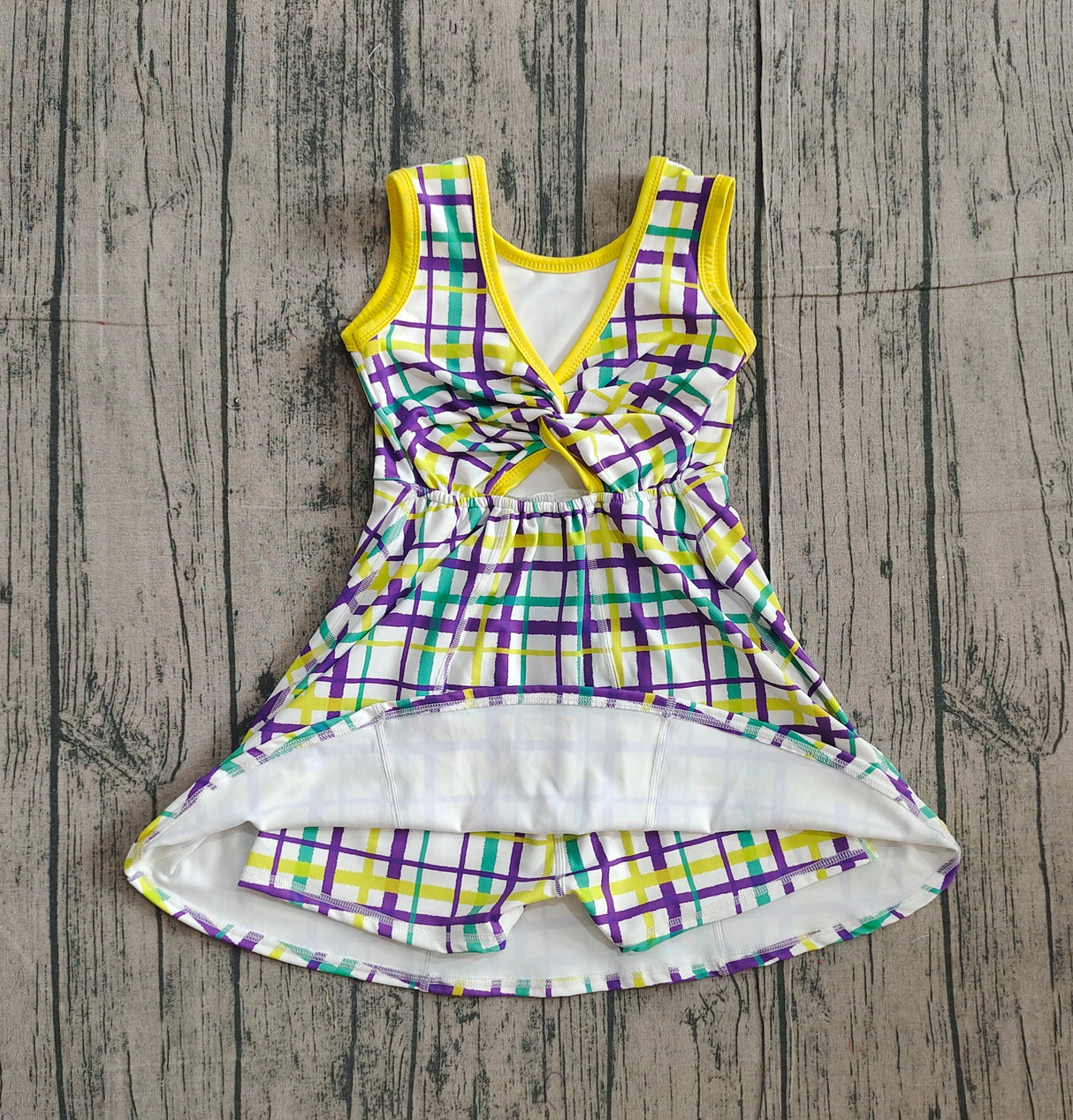 Yellow green purple plaid girls Mardi Gras athletic dress