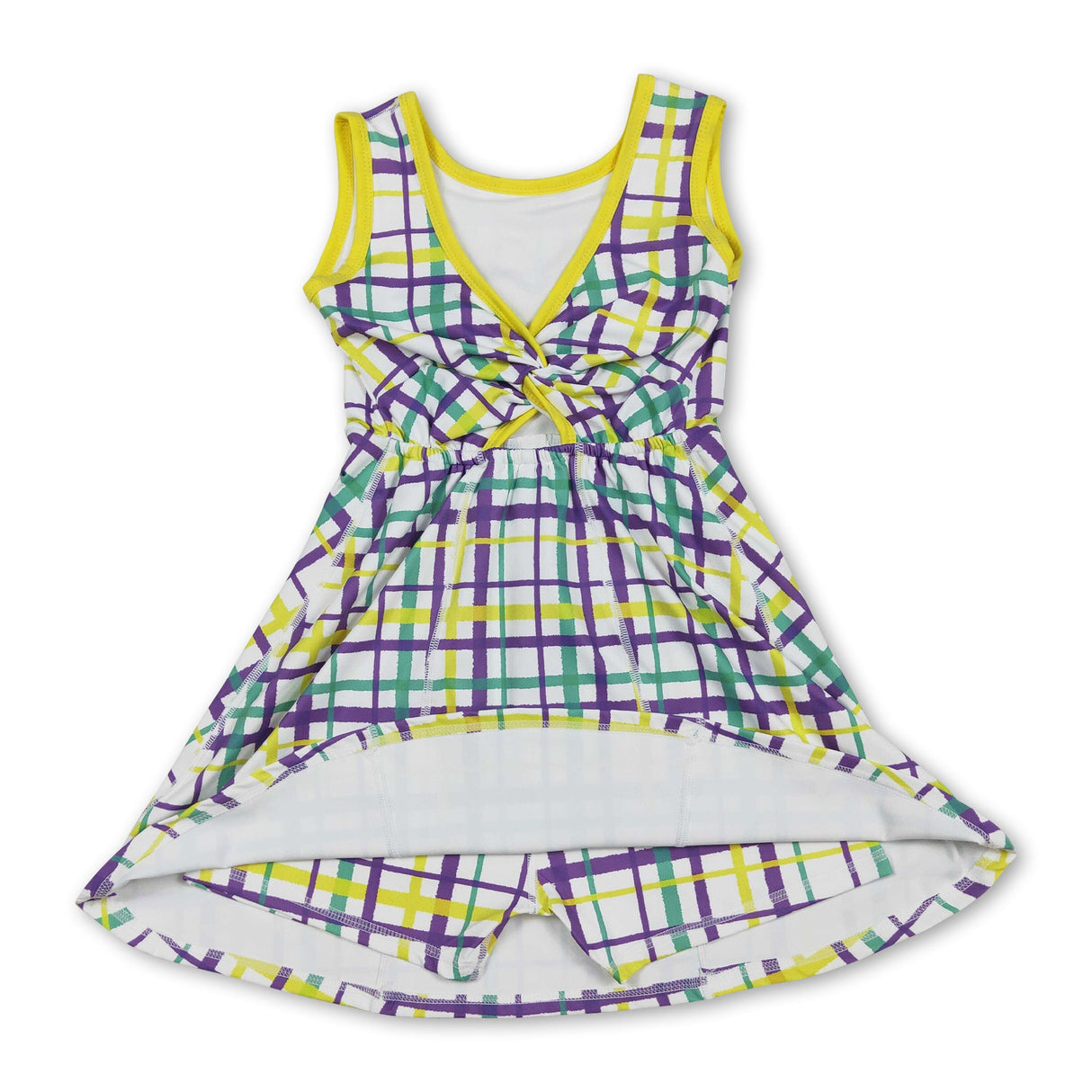 Yellow green purple plaid girls Mardi Gras athletic dress