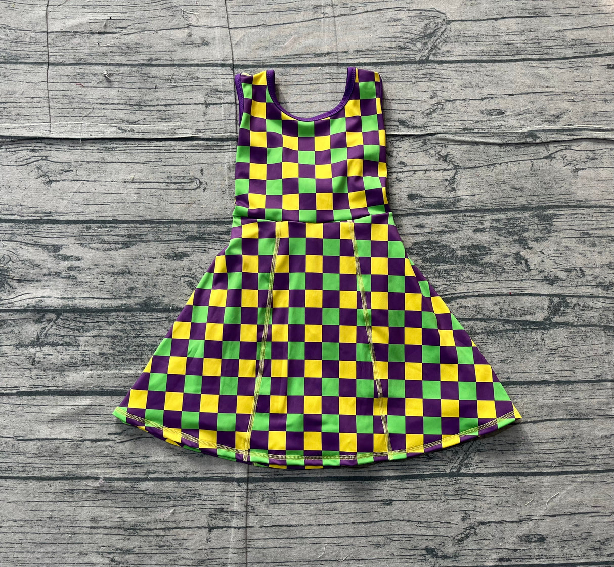 Yellow green purple plaid kids girls Mardi Gras athletic dress