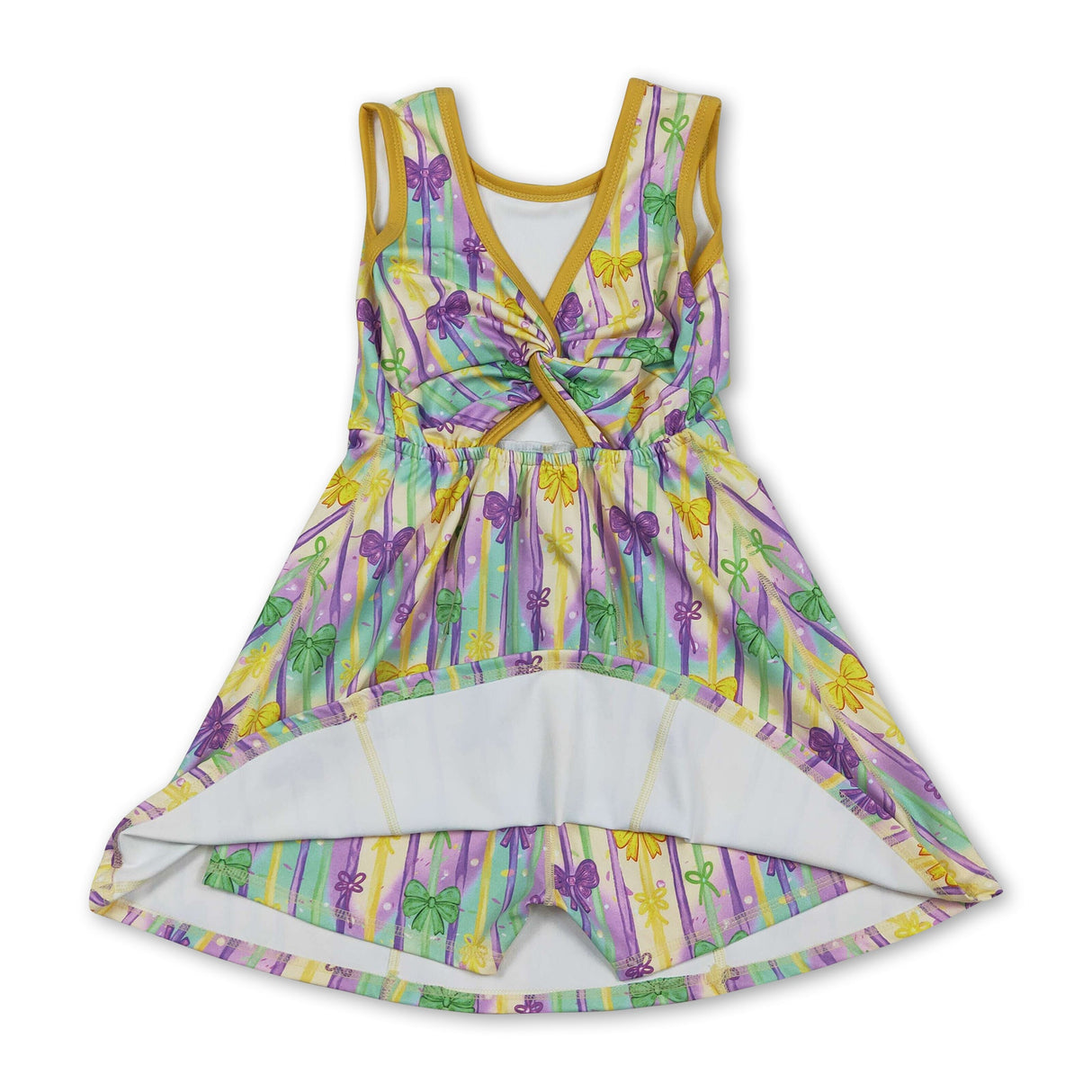 Yellow green purple bow kids girls Mardi Gras athletic dress