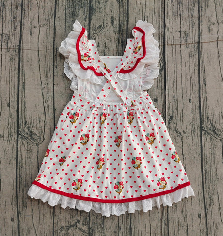 Flutter sleeves heart floral kids girls Valentine's dress