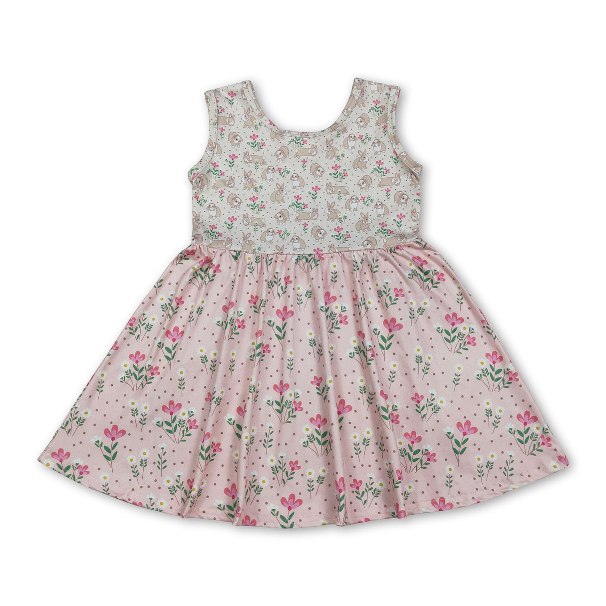 Sleeveless rabbit floral kids girls Easter twirl dresses