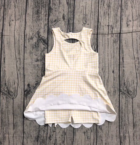 Sleeveless yellow plaid bows kids girls athletic dresses