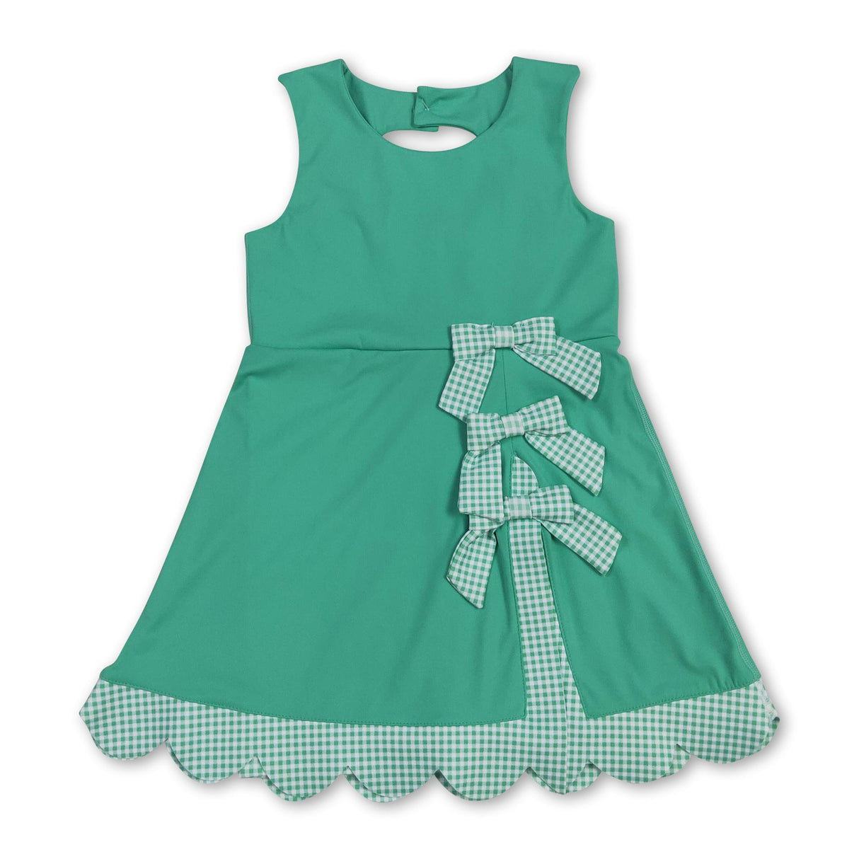 Scallop plaid bow green kids girls summer athletic dress