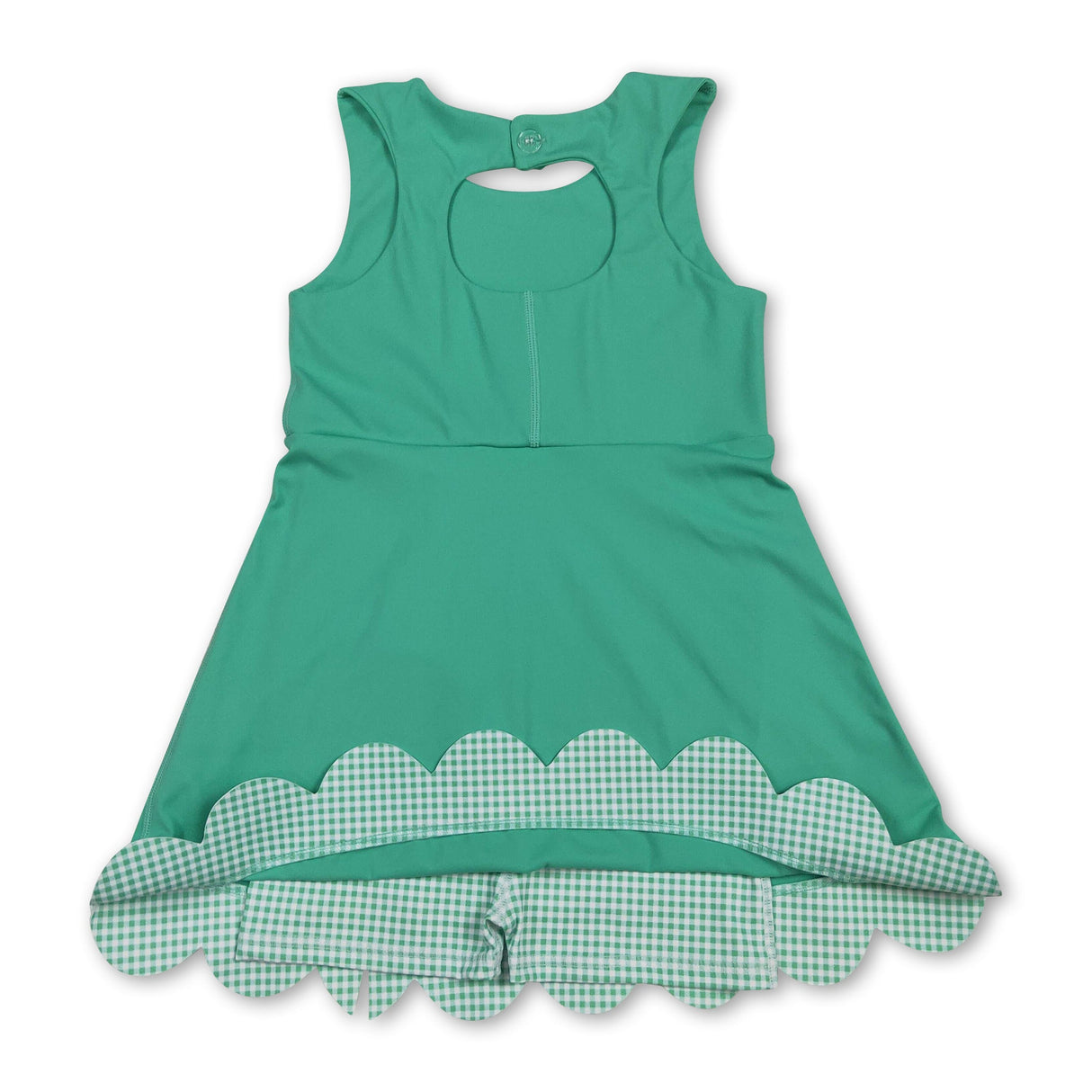 Scallop plaid bow green kids girls summer athletic dress