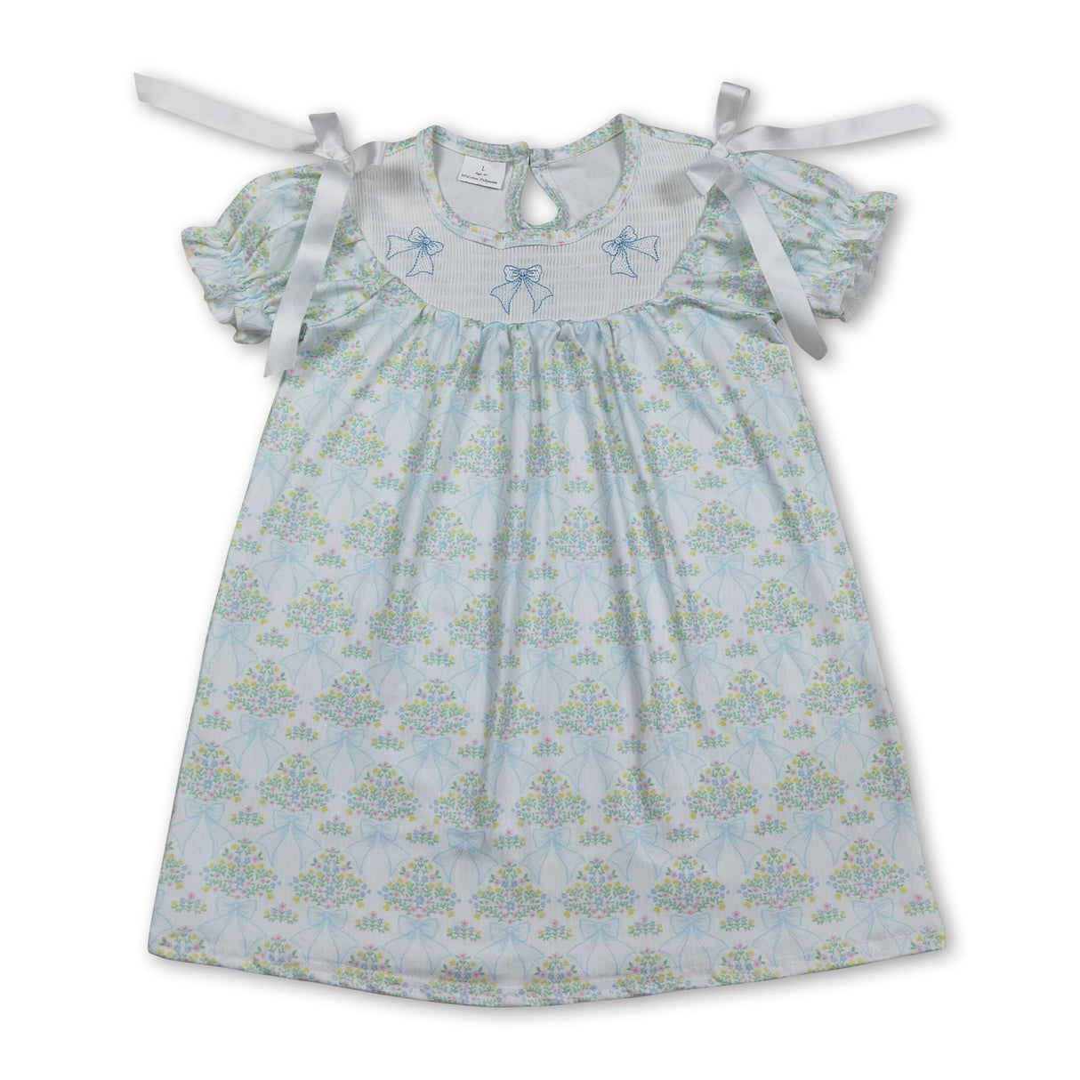 Short sleeves bow smocked floral baby girls dresses