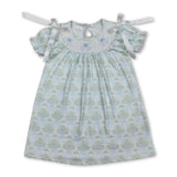 Short sleeves bow smocked floral baby girls dresses