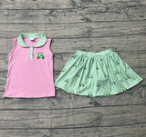 Sleeveless pink golf car top skirt kids girls clothing set
