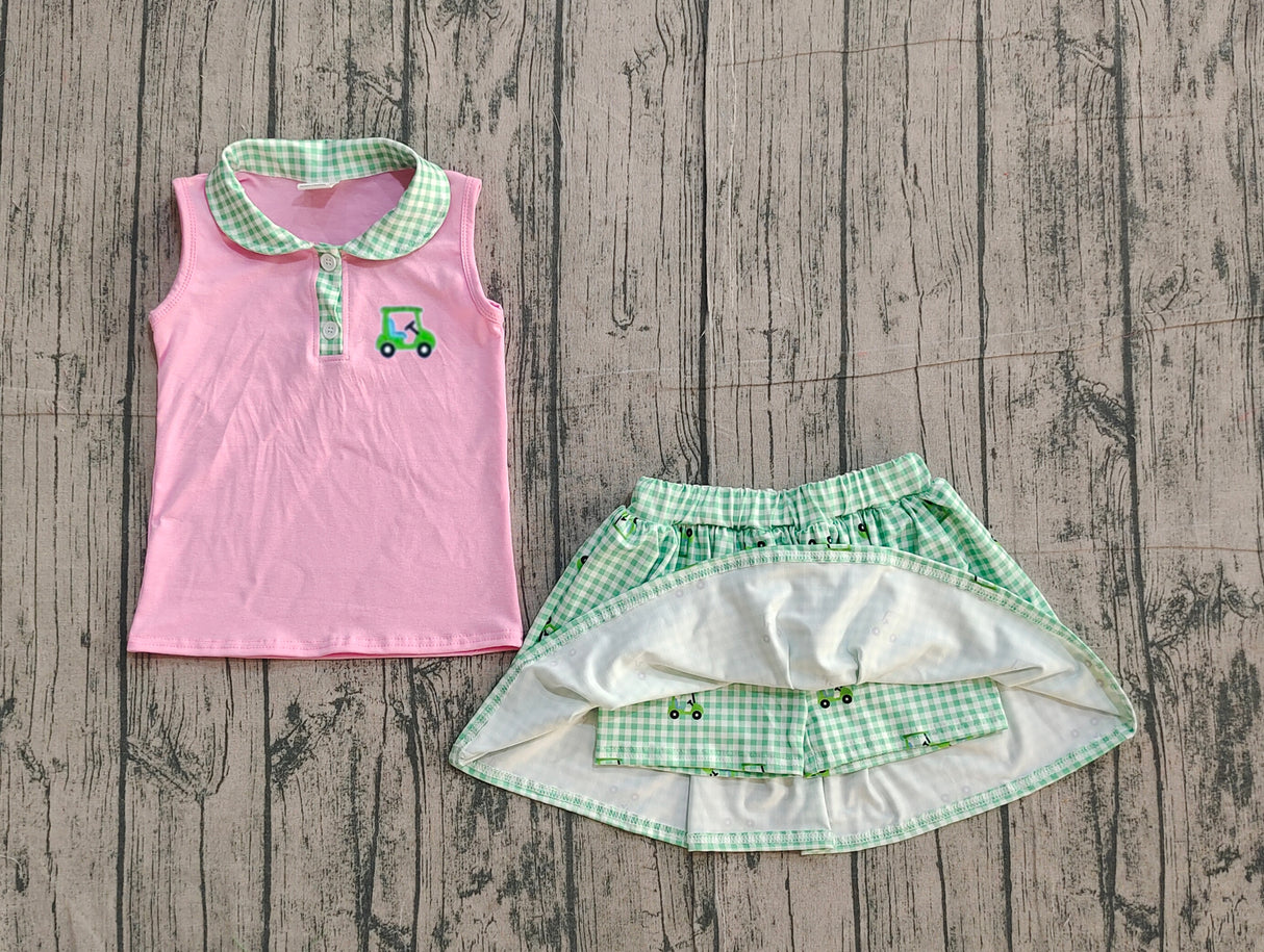 Sleeveless pink golf car top skirt kids girls clothing set