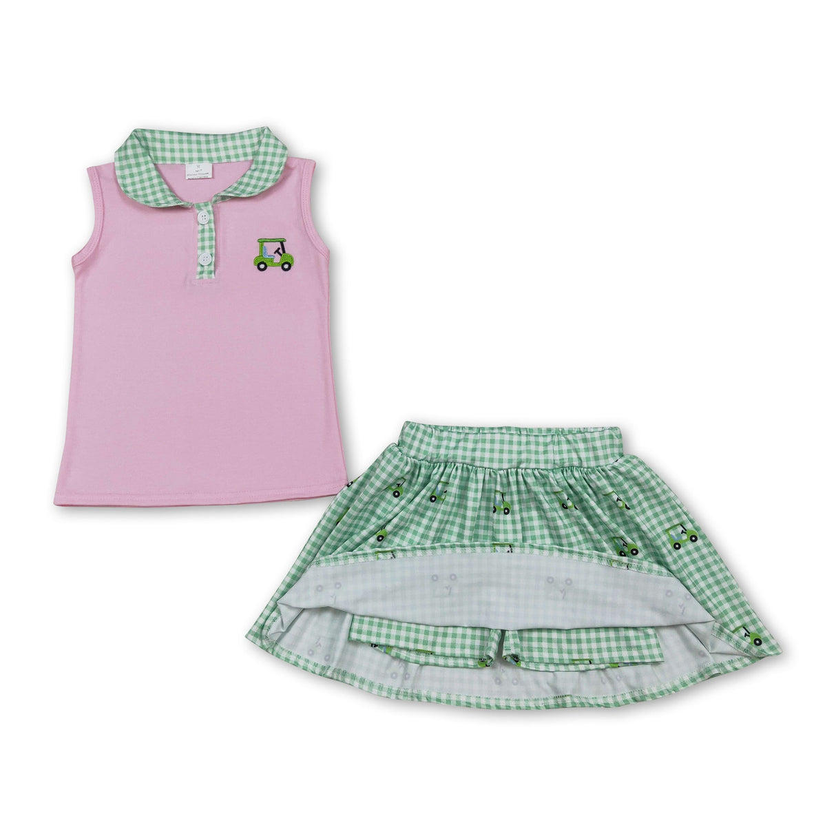 Sleeveless pink golf car top skirt kids girls clothing set