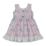 Sleeveless pink plaid bow girls ruffle dresses