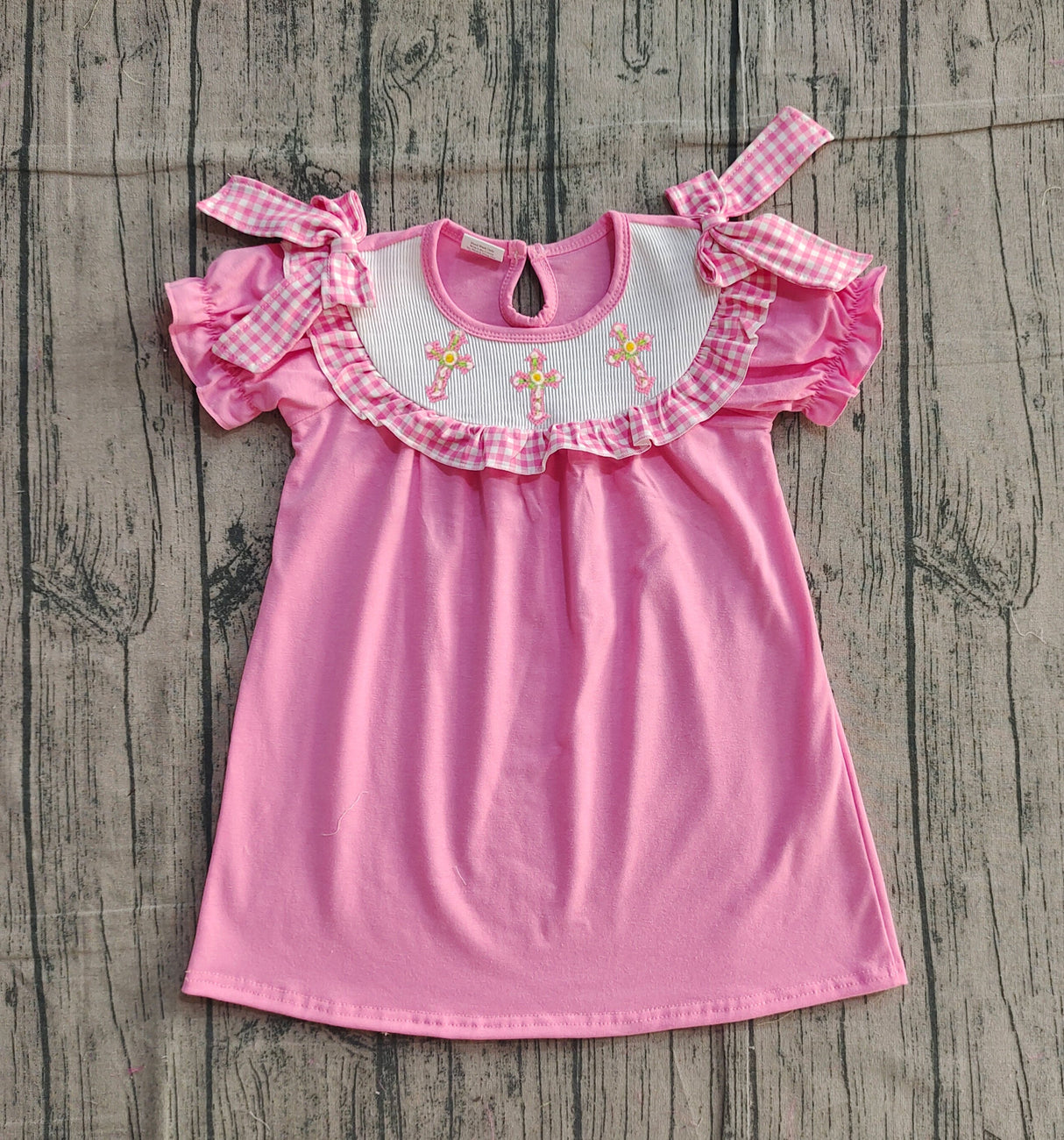 Pink short sleeves cross kids girls Easter dresses