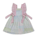 Pink flutter sleeves bow floral kids girls spring dress