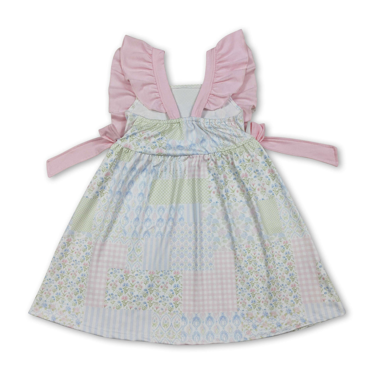 Pink flutter sleeves bow floral kids girls spring dress