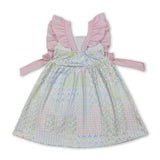 Pink flutter sleeves bow floral kids girls spring dress