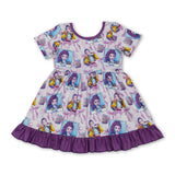 Short sleeves purple ruffle bow music girls dresses