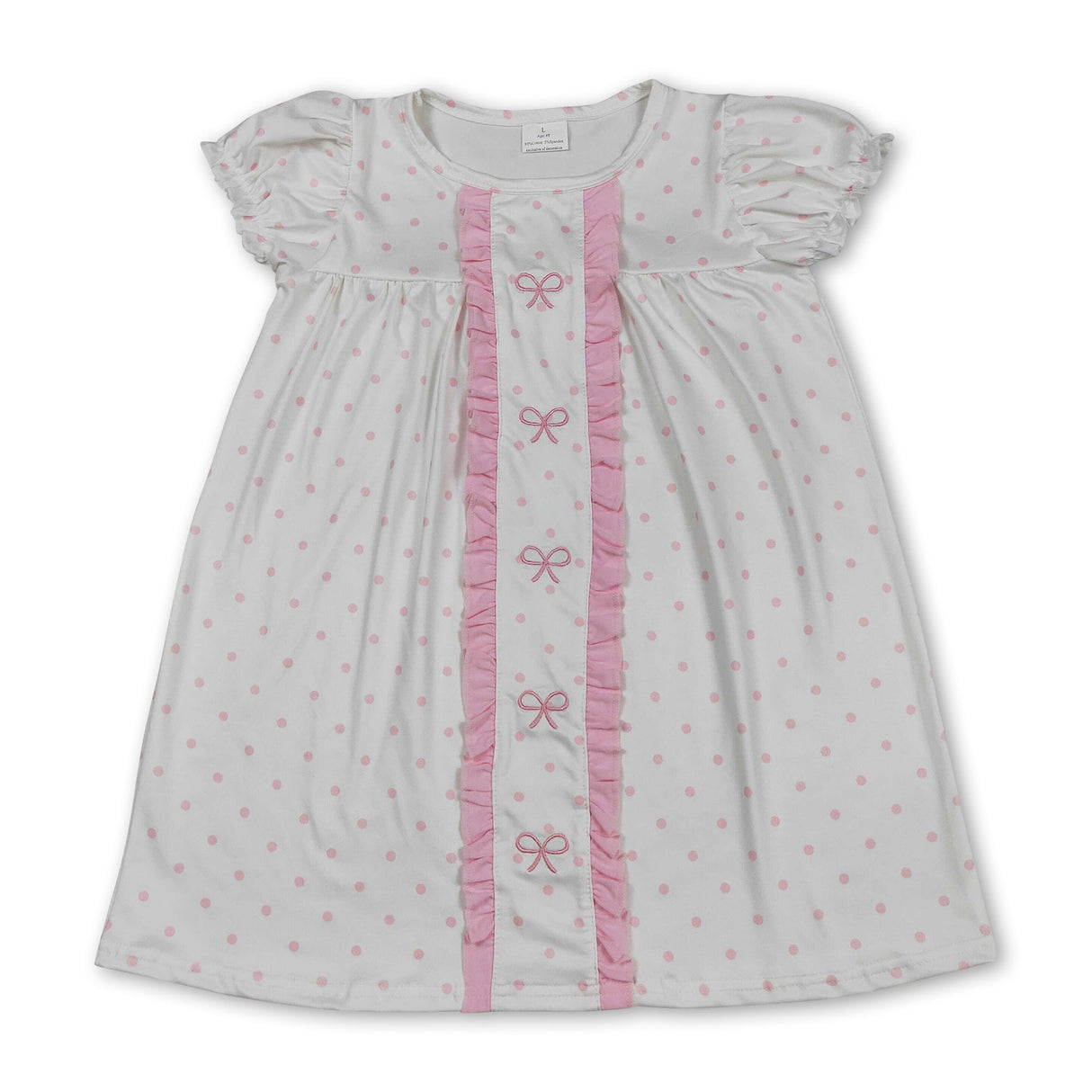 Short sleeves pink polka dots bow embroidery girls dresses