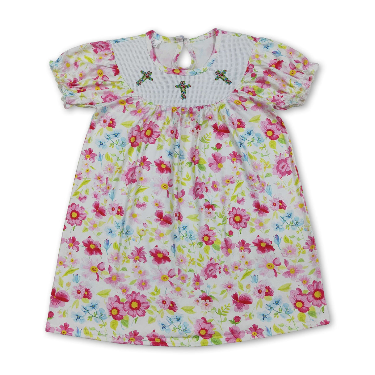 Floral short sleeves cross smocked baby girls Easter dress