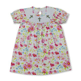 Floral short sleeves cross smocked baby girls Easter dress
