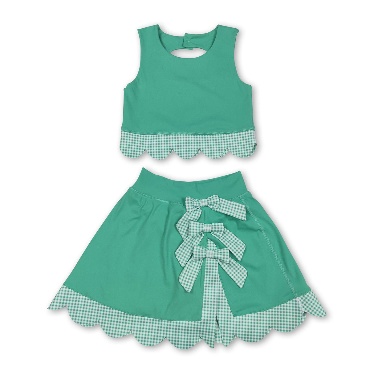 Scallop green crop top plaid bow skirt kids girls active set