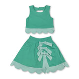 Scallop green crop top plaid bow skirt kids girls active set