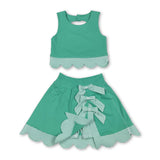 Scallop green crop top plaid bow skirt kids girls active set