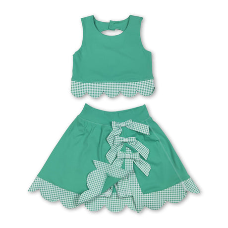 Scallop green crop top plaid bow skirt kids girls active set