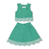 Scallop green crop top plaid bow skirt kids girls active set
