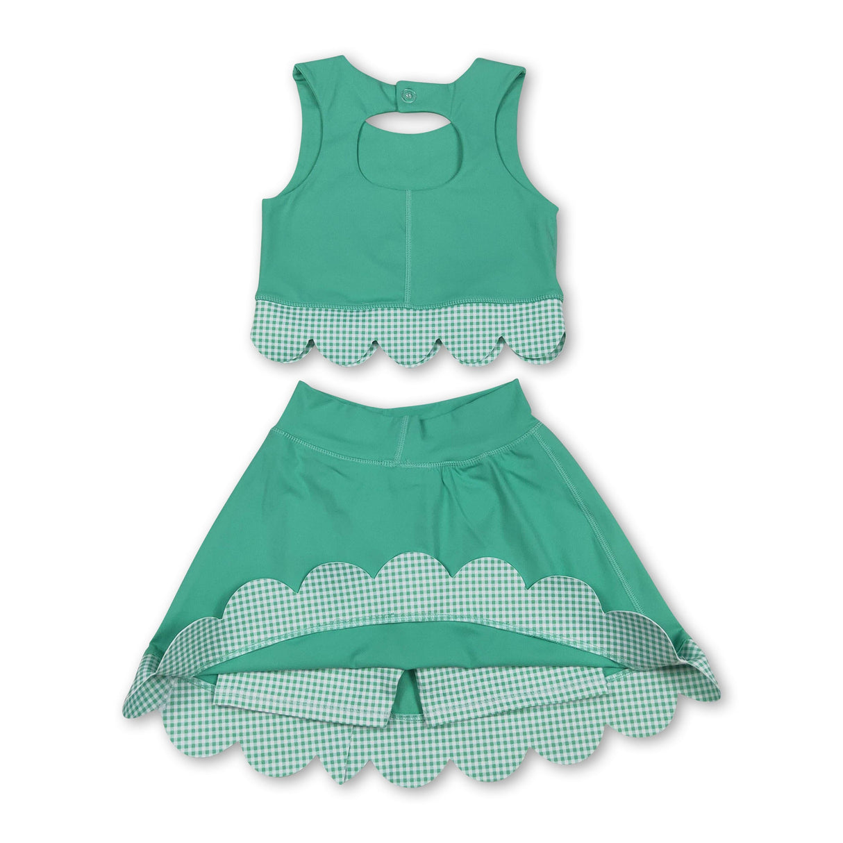 Scallop green crop top plaid bow skirt kids girls active set
