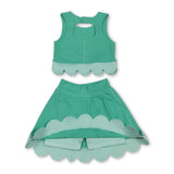 Scallop green crop top plaid bow skirt kids girls active set