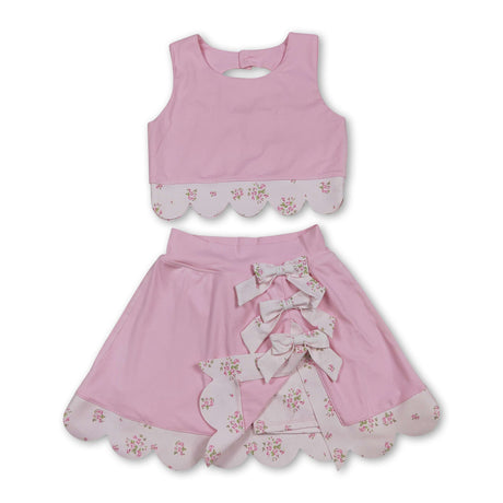 Pink sleeveless bow scallop kids girls active wear set