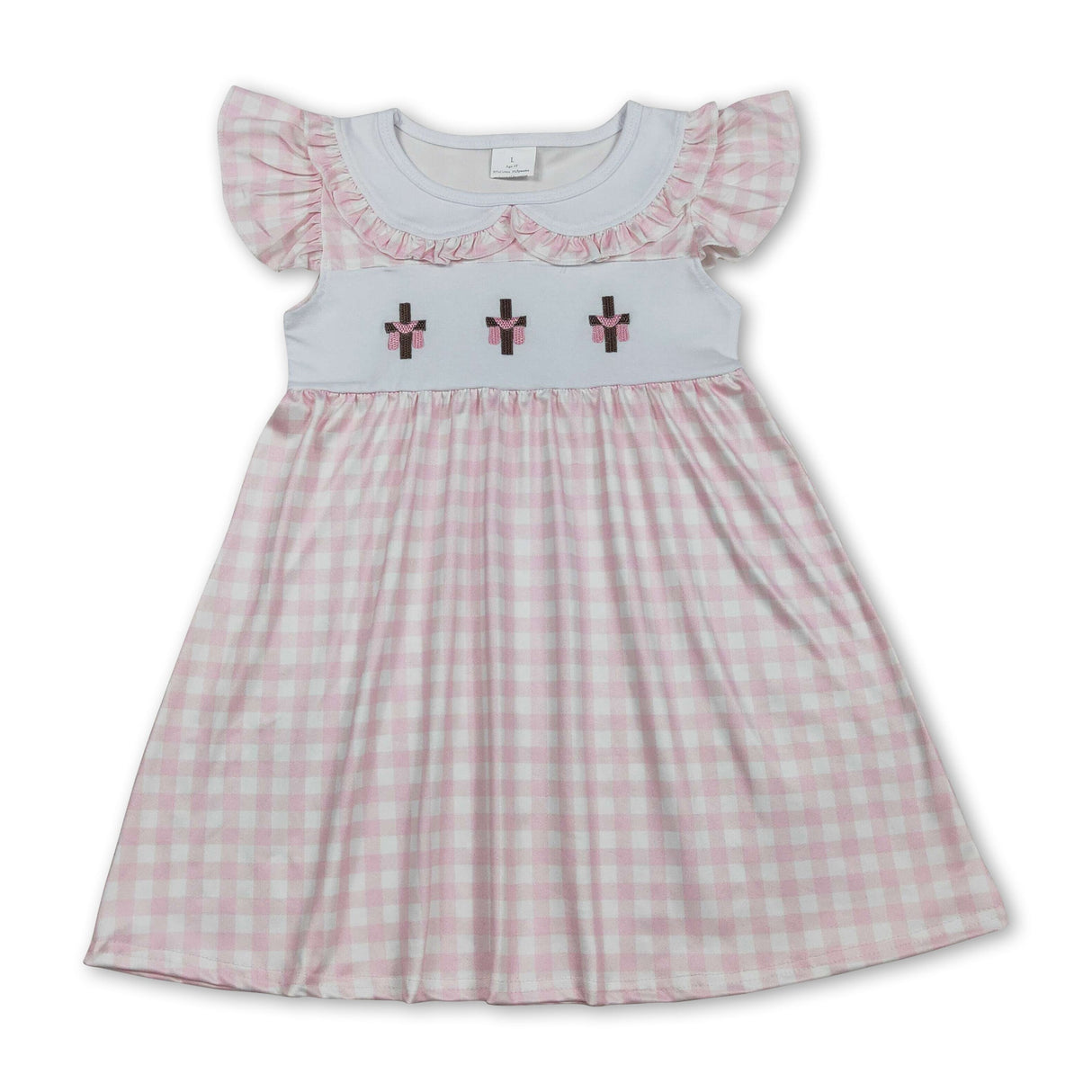 Pink plaid flutter sleeves cross embroidery girls Easter dress