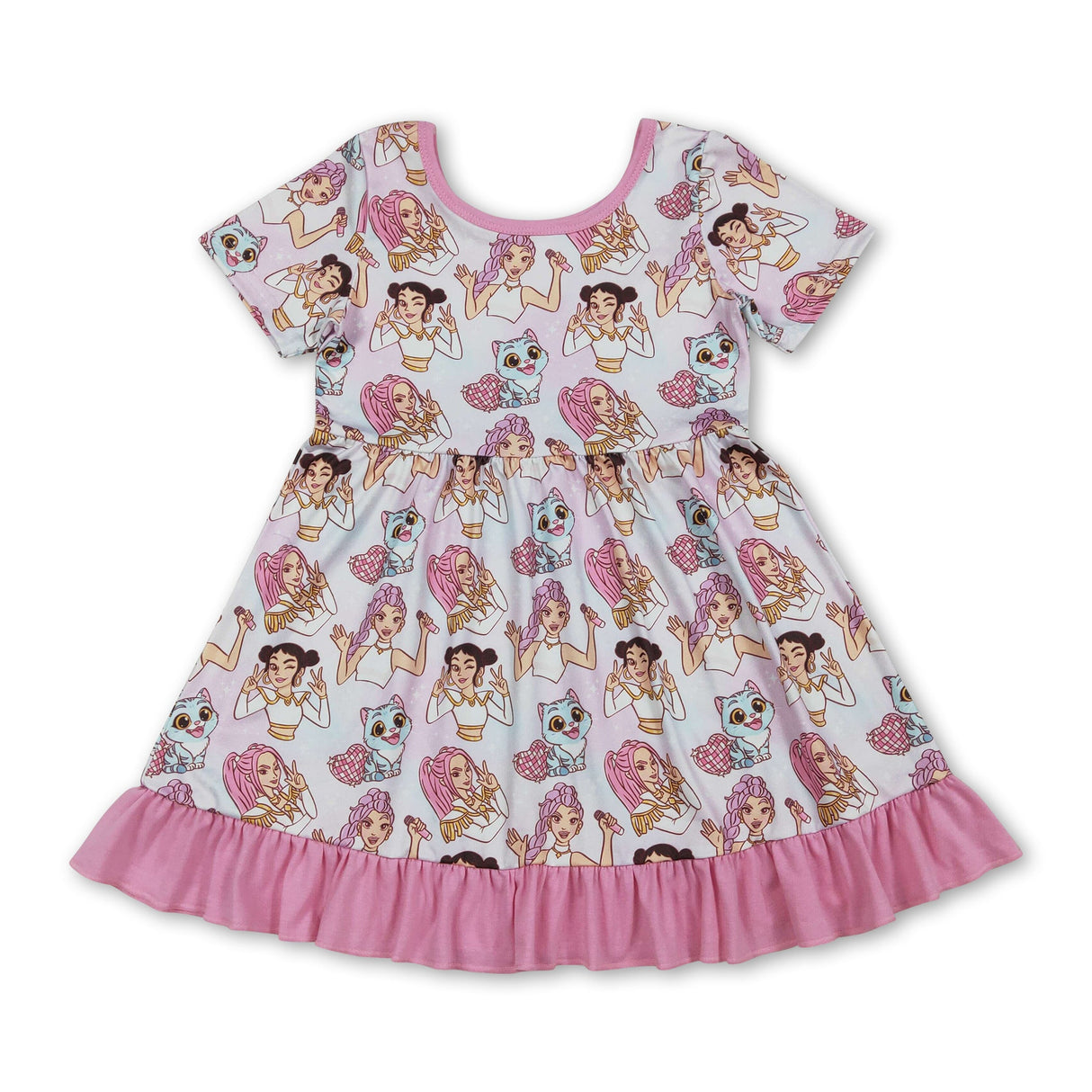 Short sleeves pink ruffle kids girls music dresses