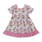 Short sleeves pink ruffle kids girls music dresses