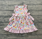 Sleeveless floral bow plaid ruffle kids girls dresses