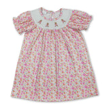 Short sleeves pink floral rabbit smocked girl Easter dress