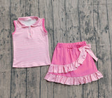 Sleeveless pink stripe polo shirt skirt girls active wear set
