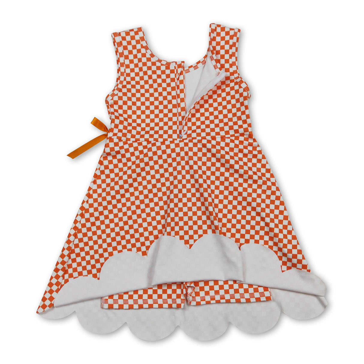 Sleeveless orange plaid scallop kids girls athletic dress