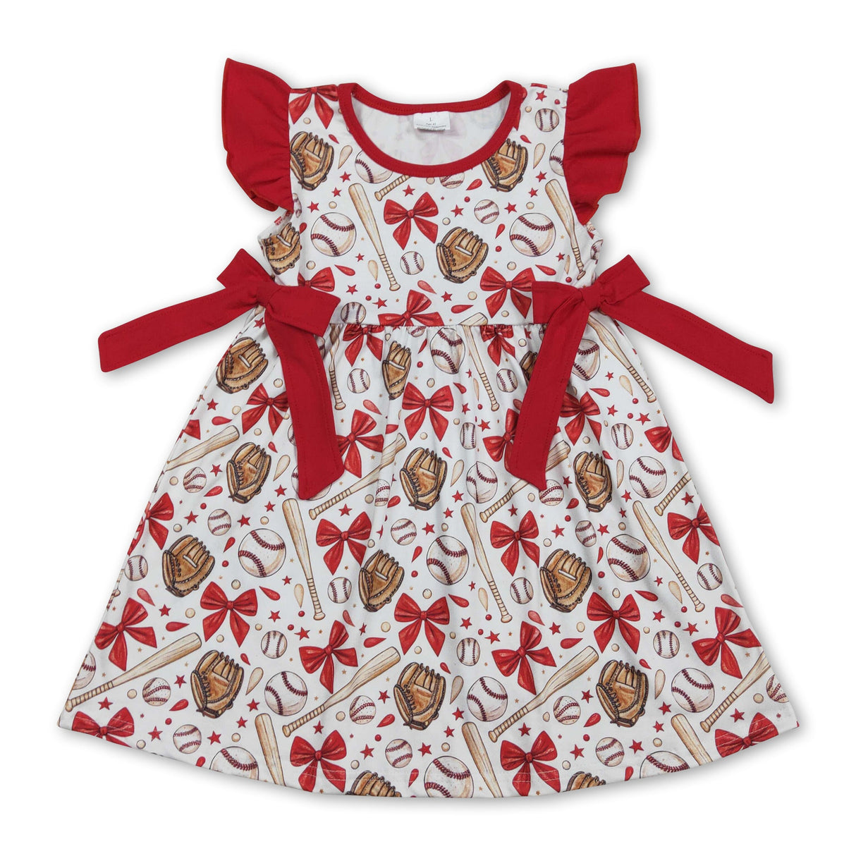 Red bow flutter sleeves baseball kids girls dresses