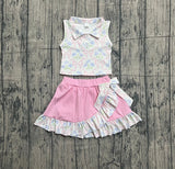 Sleeveless bow floral top ruffle skirt girls activewear set