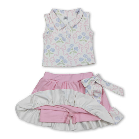 Sleeveless bow floral top ruffle skirt girls activewear set